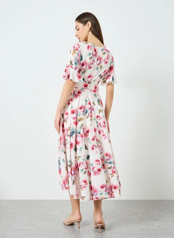Take Two white with pink and red roses Women Floral Printed V-Neck Midi Dress for Women | Best Price UAE